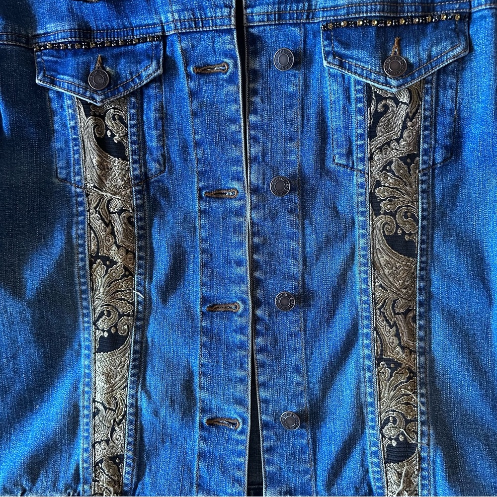 Blue Jean Brocade Jacket Rhinestone Bling Fall Jacket Versace Boho Medium - Picture 3 of 16